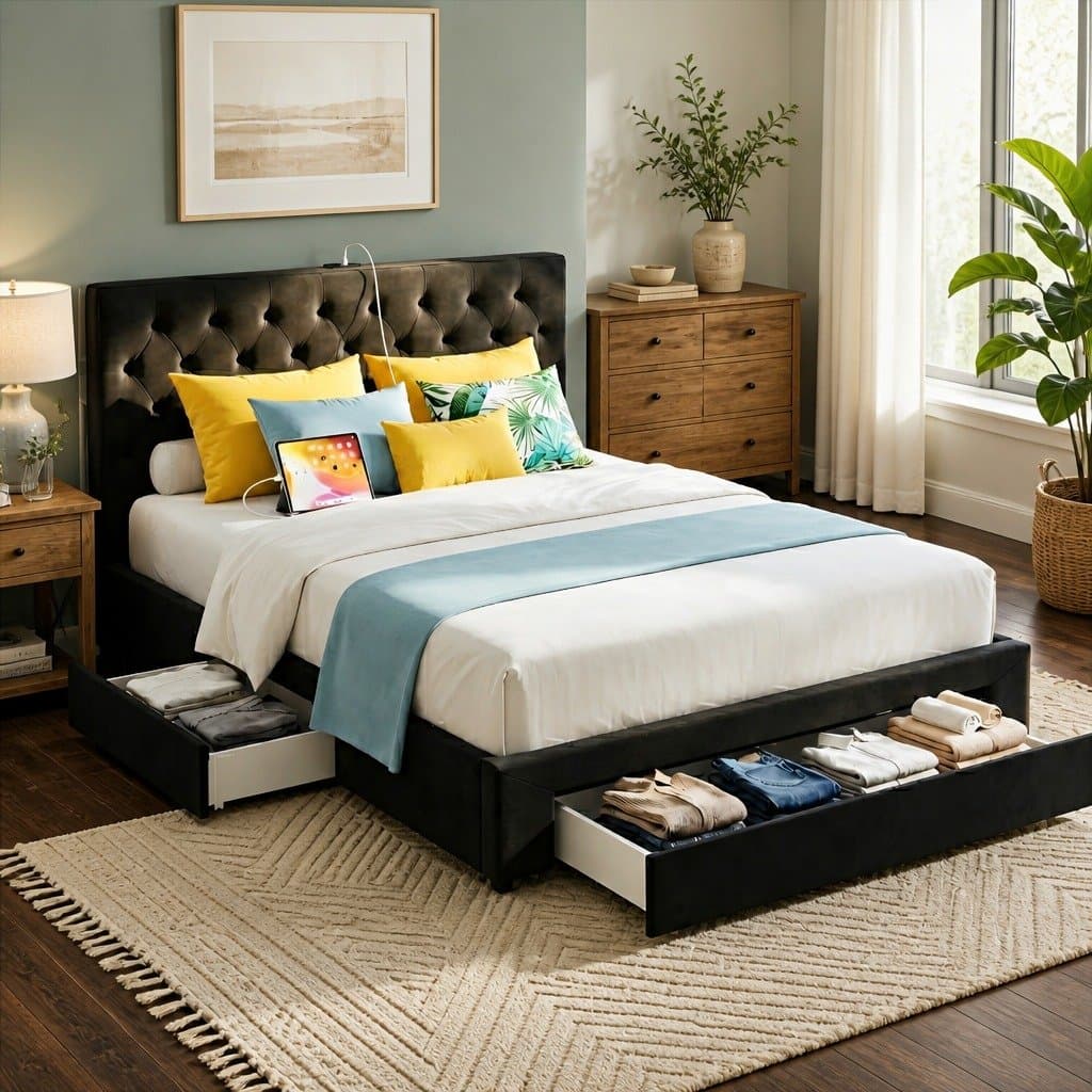 Upholstered King Bed Frame with Storage & USB Charging