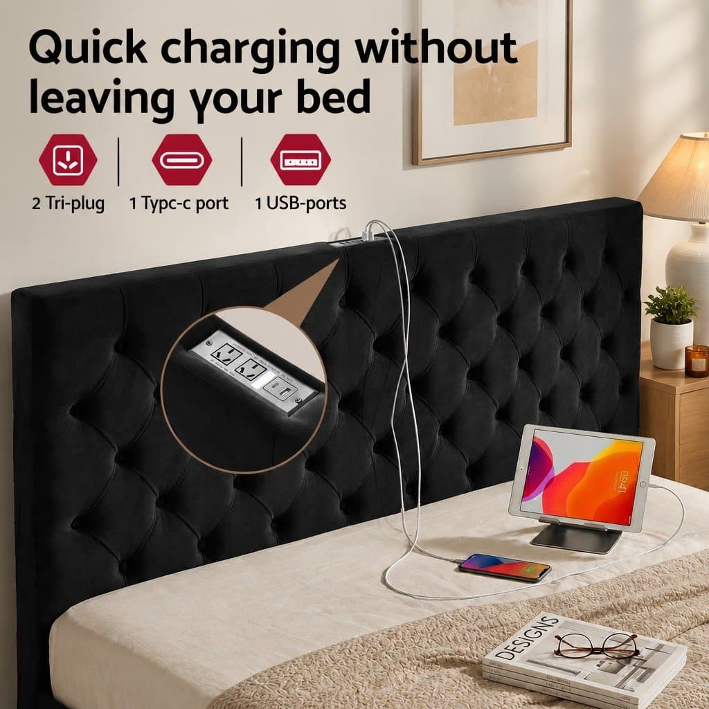 Upholstered King Bed Frame with Storage & USB Charging