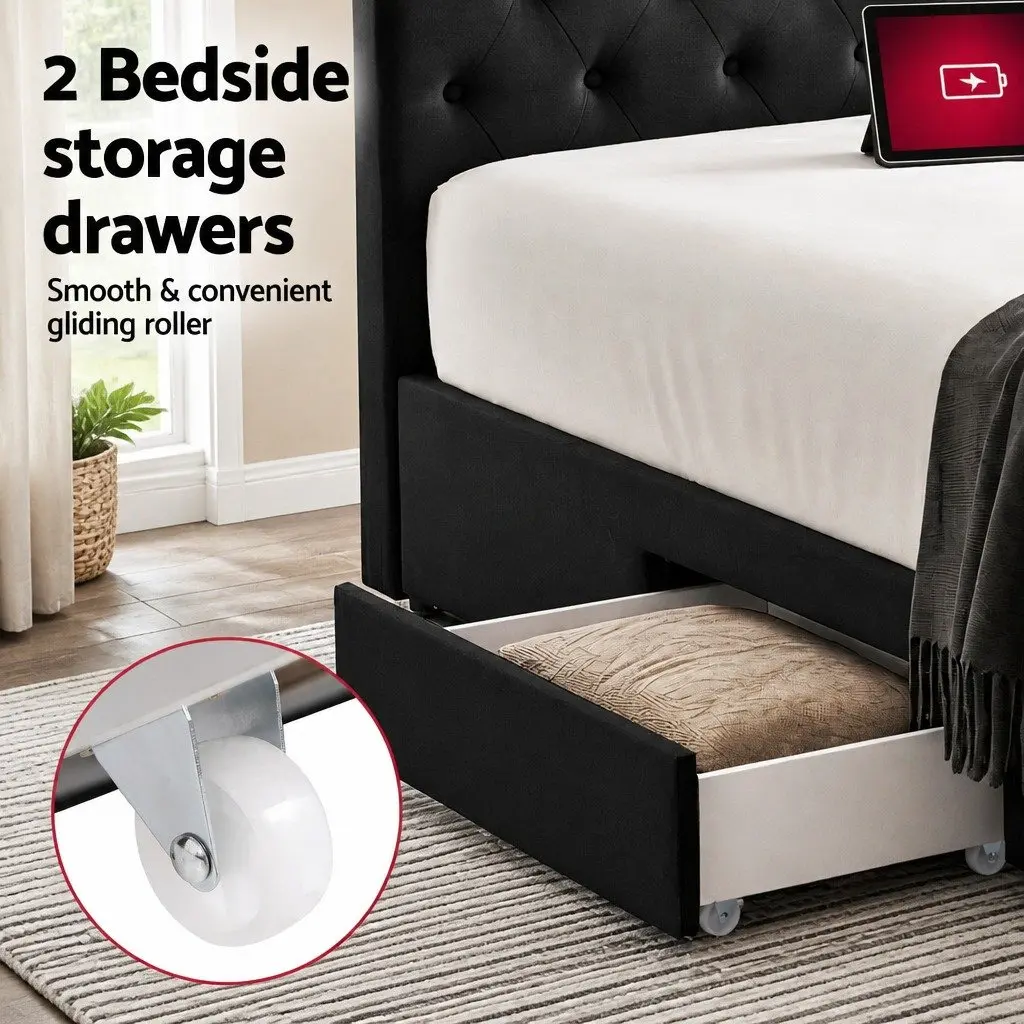 Upholstered King Bed Frame with Storage & USB Charging