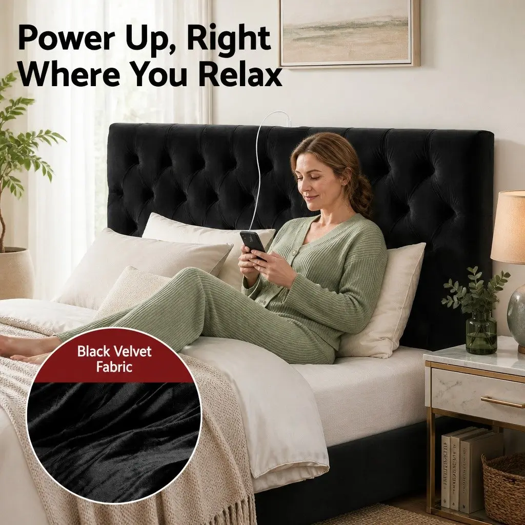 Upholstered King Bed Frame with Storage & USB Charging
