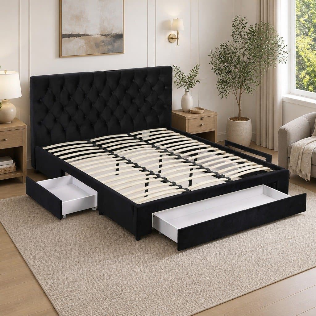 Upholstered King Bed Frame with Storage & USB Charging