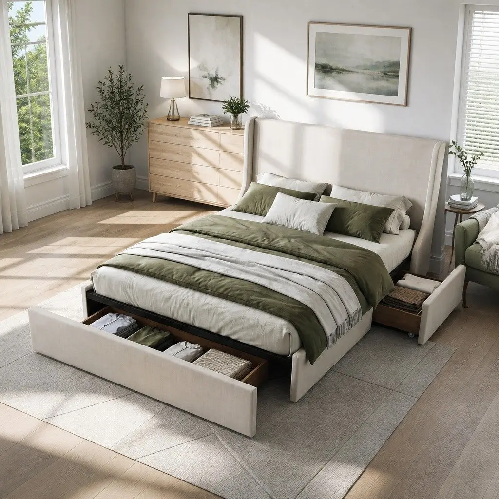 Double Upholstered Bed Frame with Storage Drawers