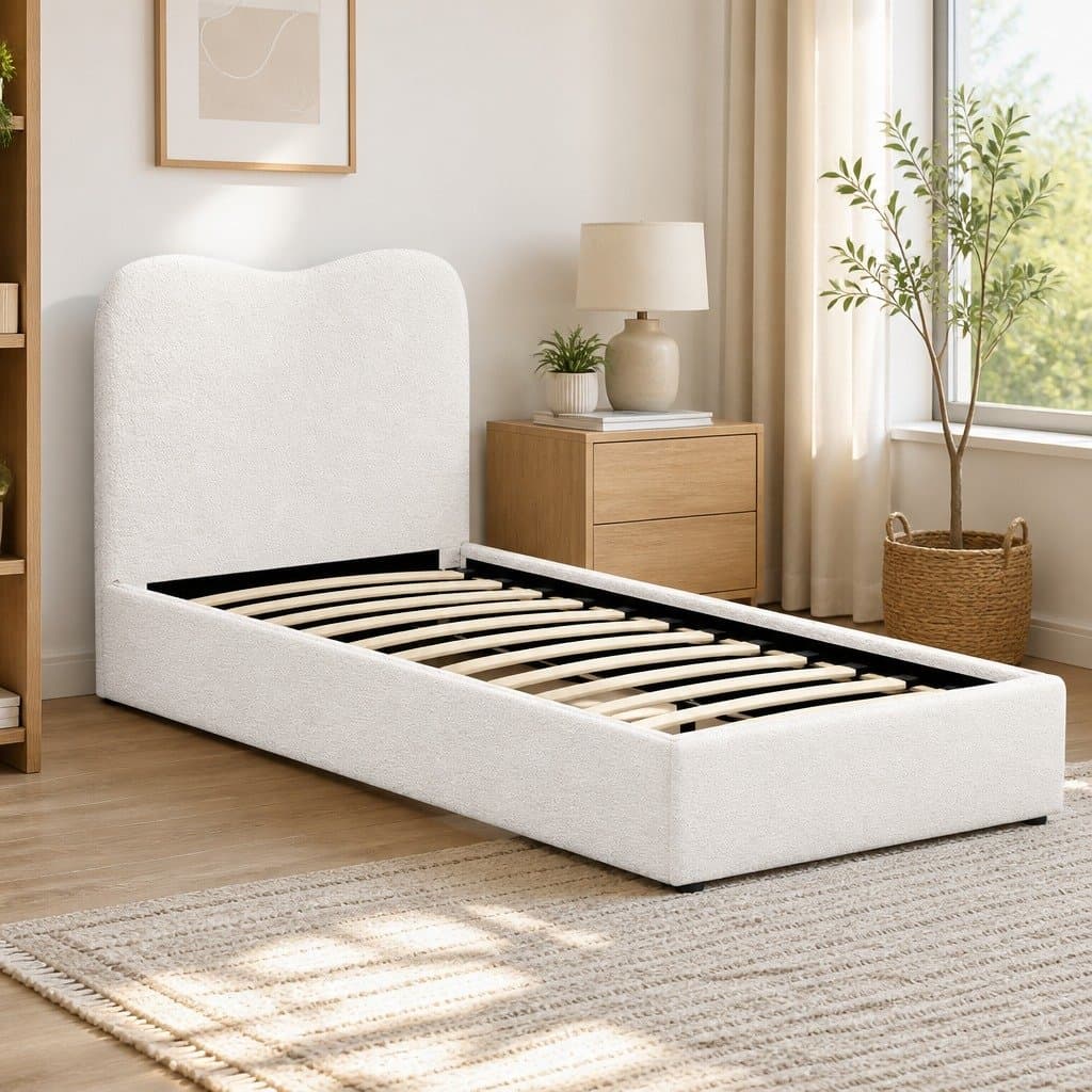 Kids Single Bed Frame with Padded Boucle Headboard