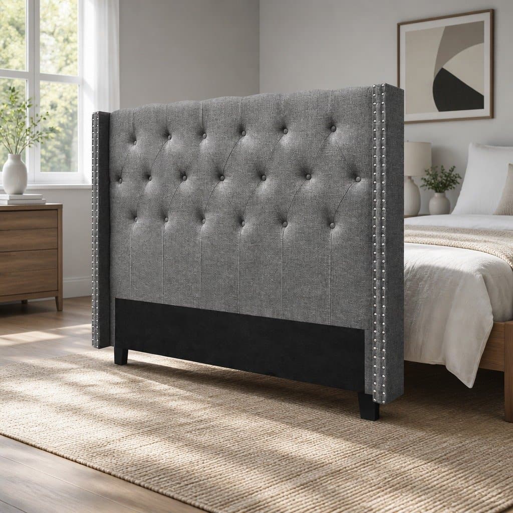 Queen Size Upholstered Tufted Grey Bed Headboard
