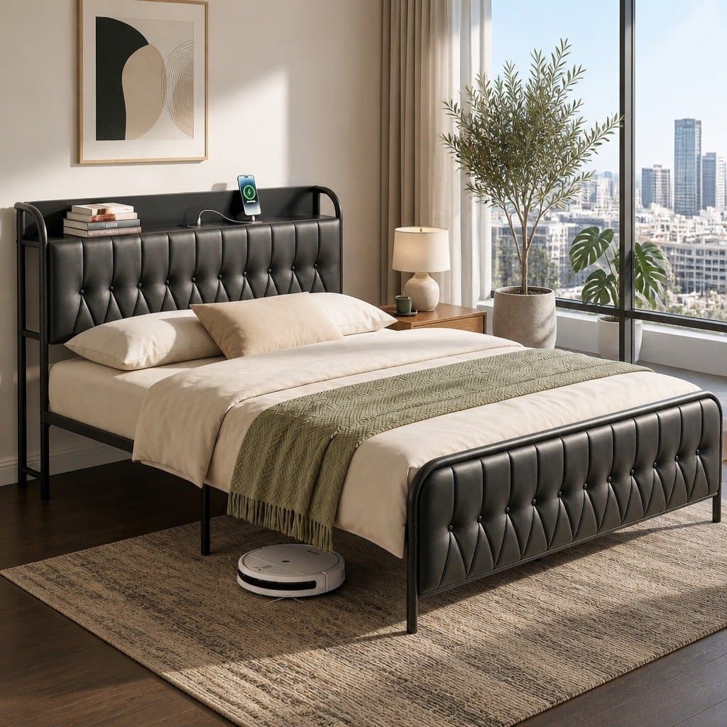 Black Queen Bed Frame with Storage and Charging Station