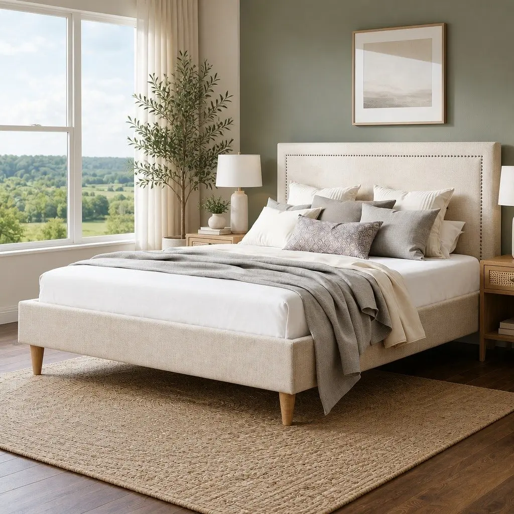 Queen Bed Frame with Upholstered Headboard in Beige