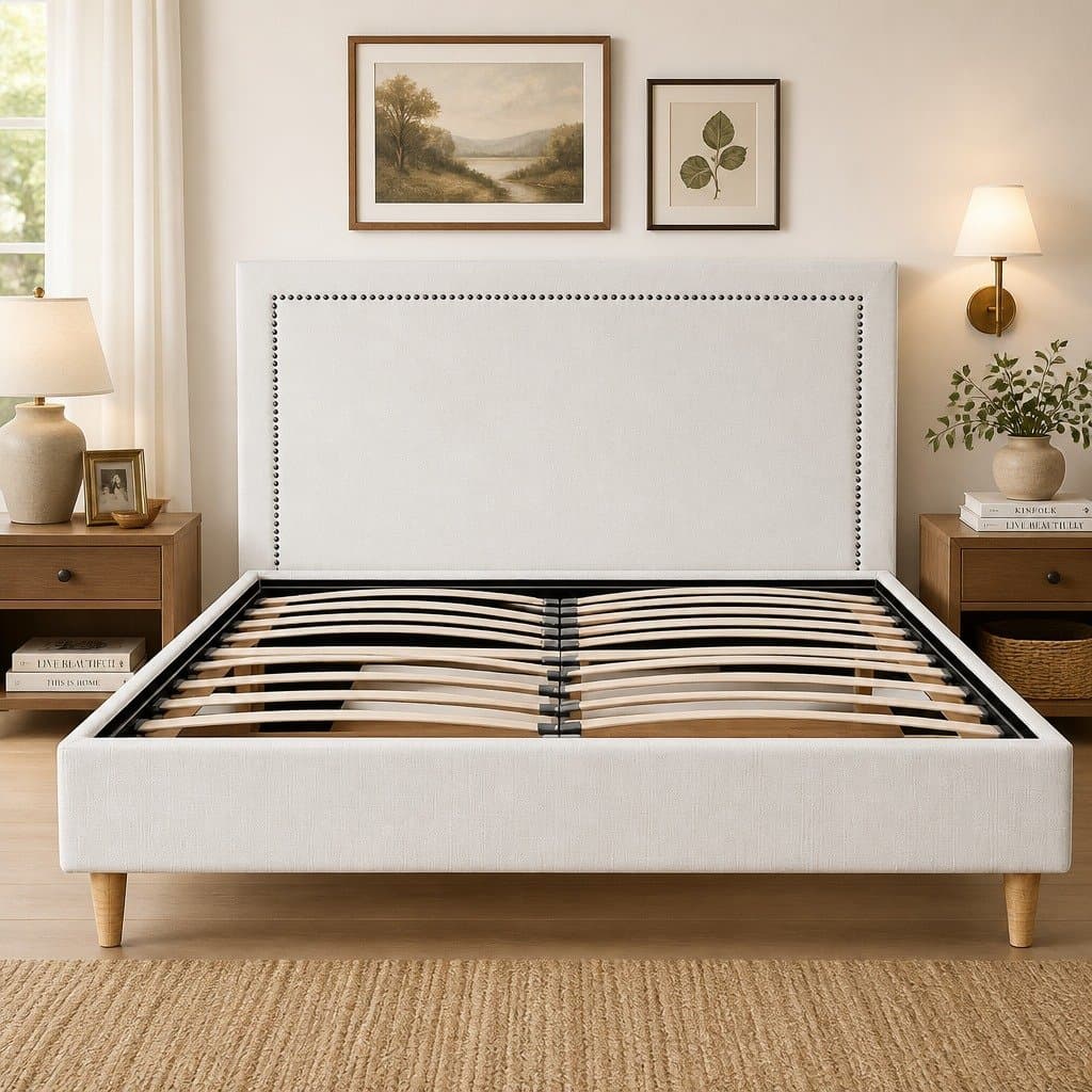 Queen Bed Frame with Upholstered Headboard in Beige