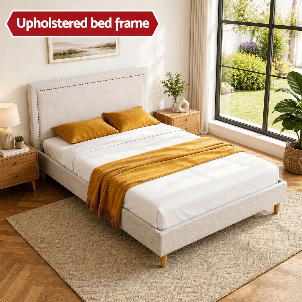 Queen Bed Frame with Upholstered Headboard in Beige