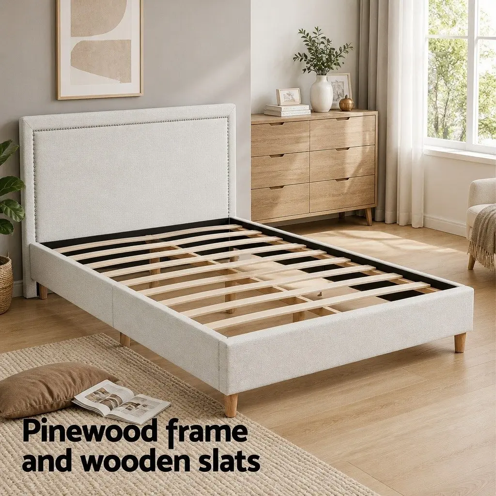 Queen Bed Frame with Upholstered Headboard in Beige