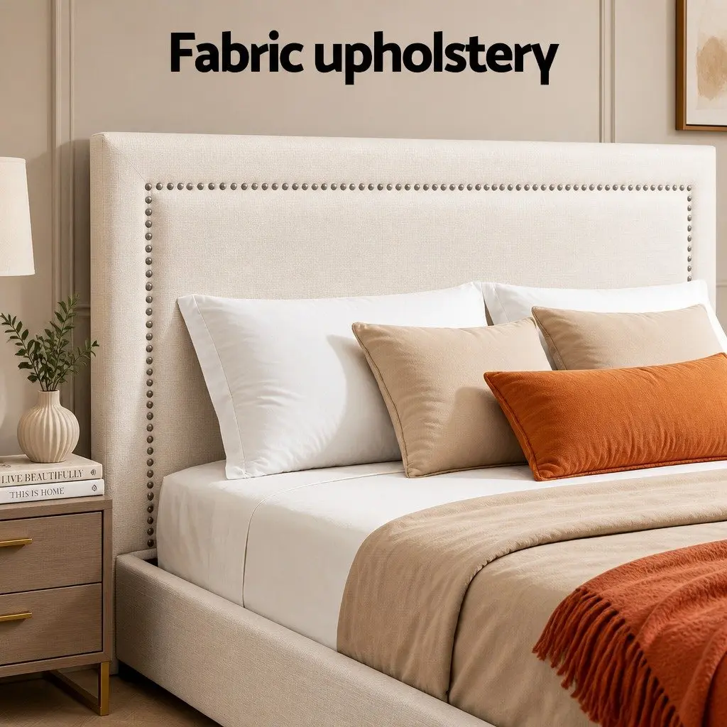 Queen Bed Frame with Upholstered Headboard in Beige