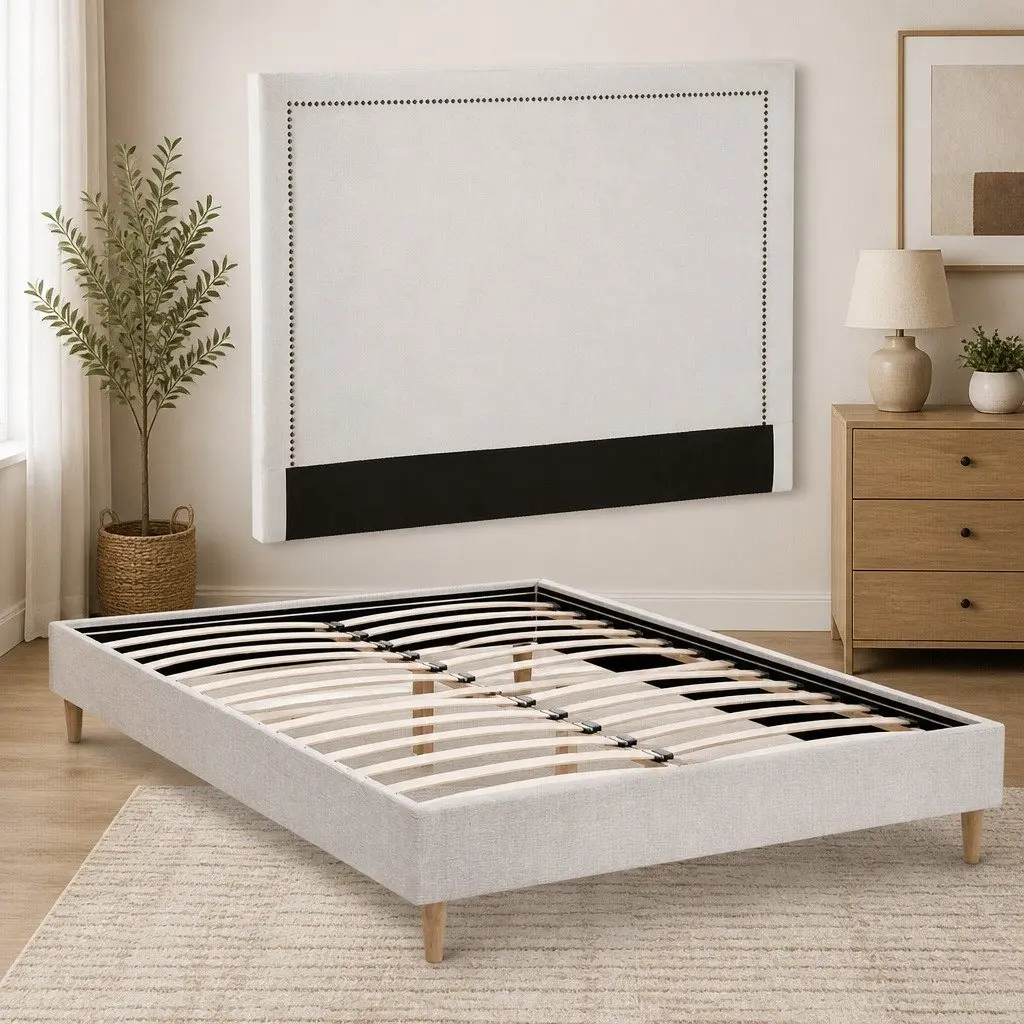 Queen Bed Frame with Upholstered Headboard in Beige
