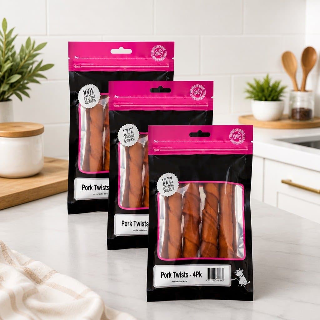 Pork Twists Dog Treats 4 Pack x 3 Chewy Natural Dog Chews Training Snack Reward
