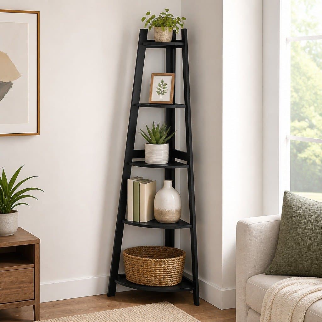 5 Tier Corner Shelf Wooden Storage Display Organiser Black Vertical Unit
