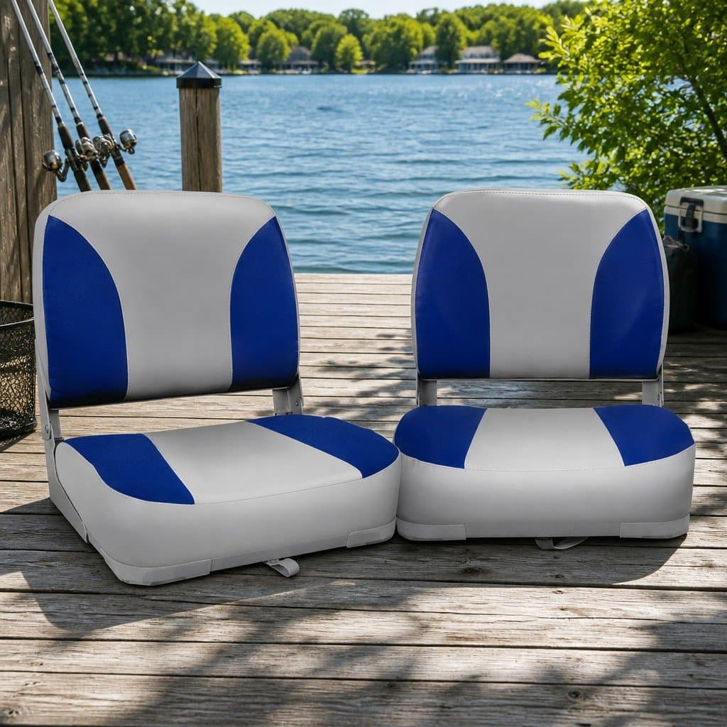 Folding Boat Seats Swivel Low Back Marine Seating Grey Blue 13cm Padding Set of