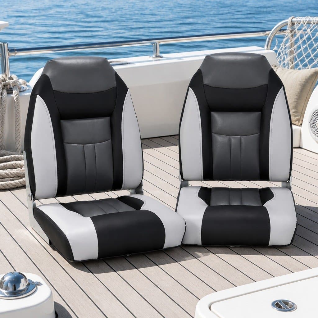 Folding Boat Seats Swivel Marine High Back Padding Grey Black Set of 2 Fishing