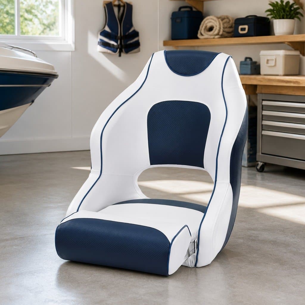 Blue and White Flip Up Boat Seat with Swivel Base