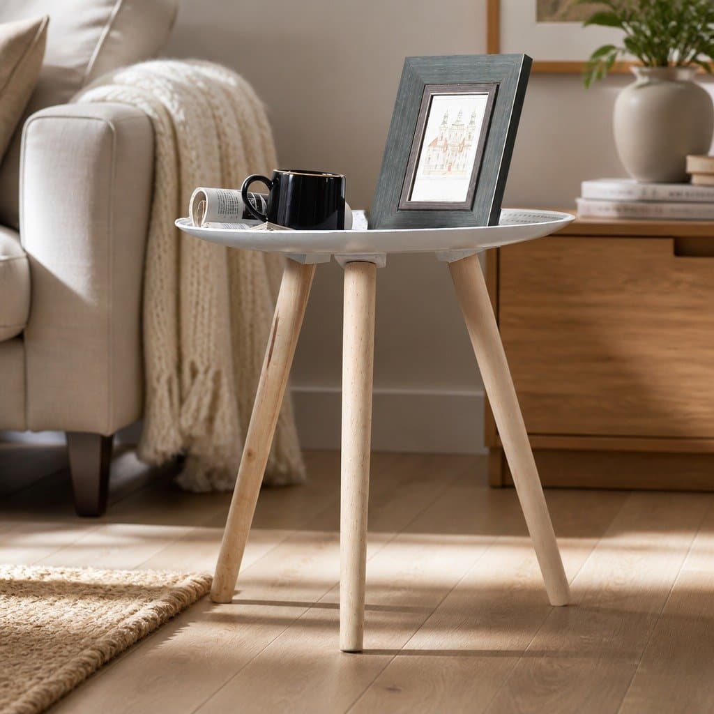 White Side Table with Solid Wood Legs