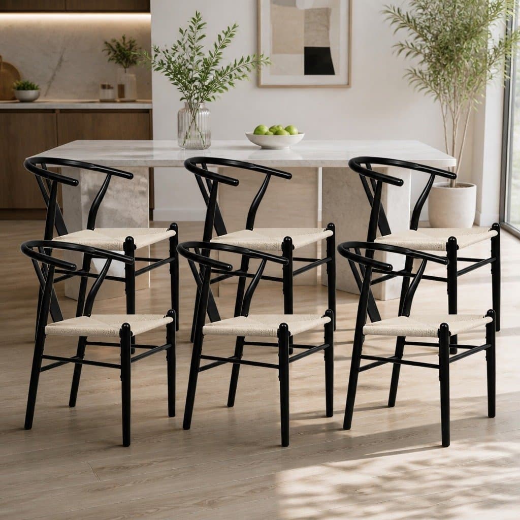 Set of 6 Black Dining Chairs with Wooden Frame and Rattan Seats