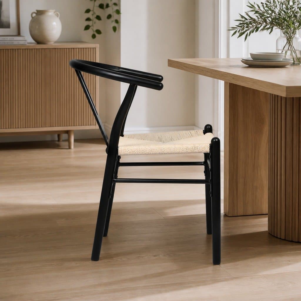 Set of 6 Black Dining Chairs with Wooden Frame and Rattan Seats