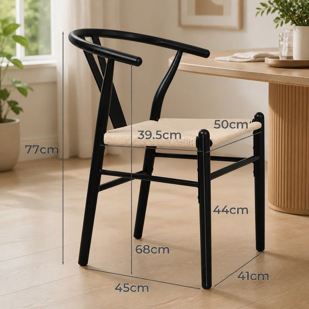 Set of 6 Black Dining Chairs with Wooden Frame and Rattan Seats
