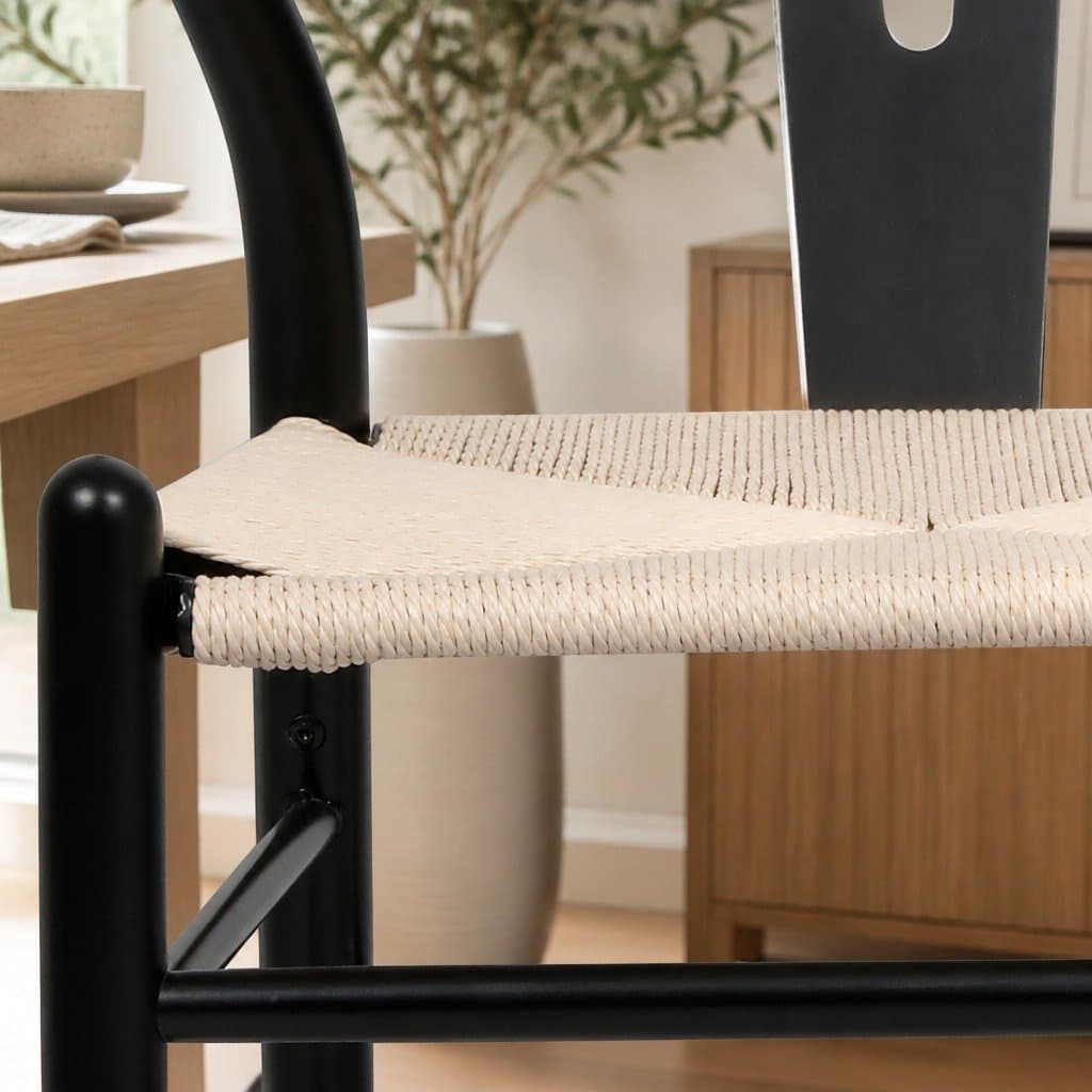 Set of 6 Black Dining Chairs with Wooden Frame and Rattan Seats