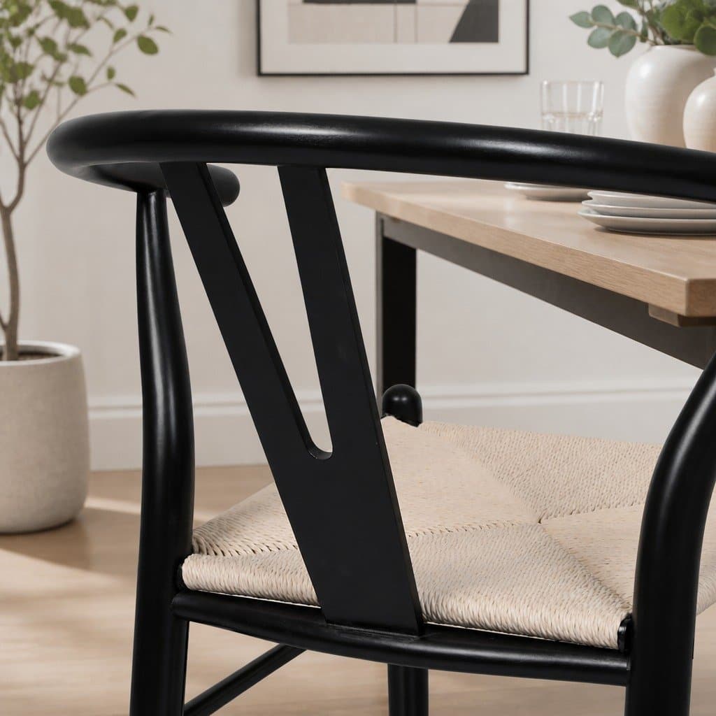 Set of 6 Black Dining Chairs with Wooden Frame and Rattan Seats
