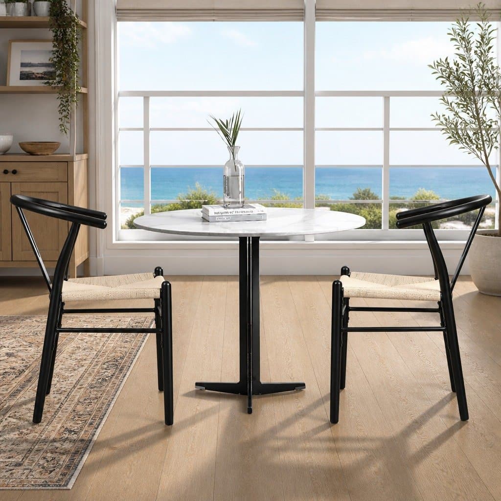 Set of 6 Black Dining Chairs with Wooden Frame and Rattan Seats
