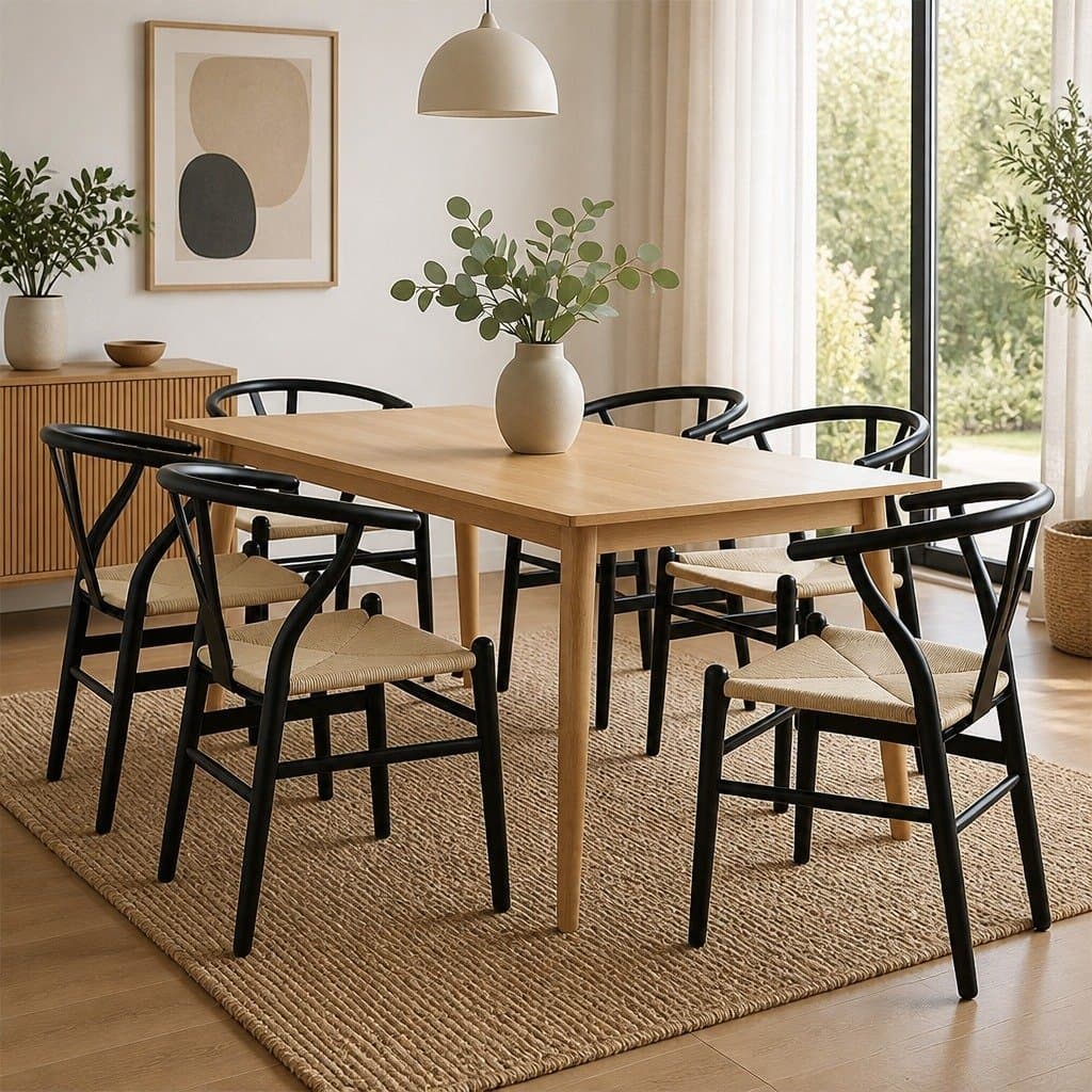Set of 6 Black Dining Chairs with Wooden Frame and Rattan Seats