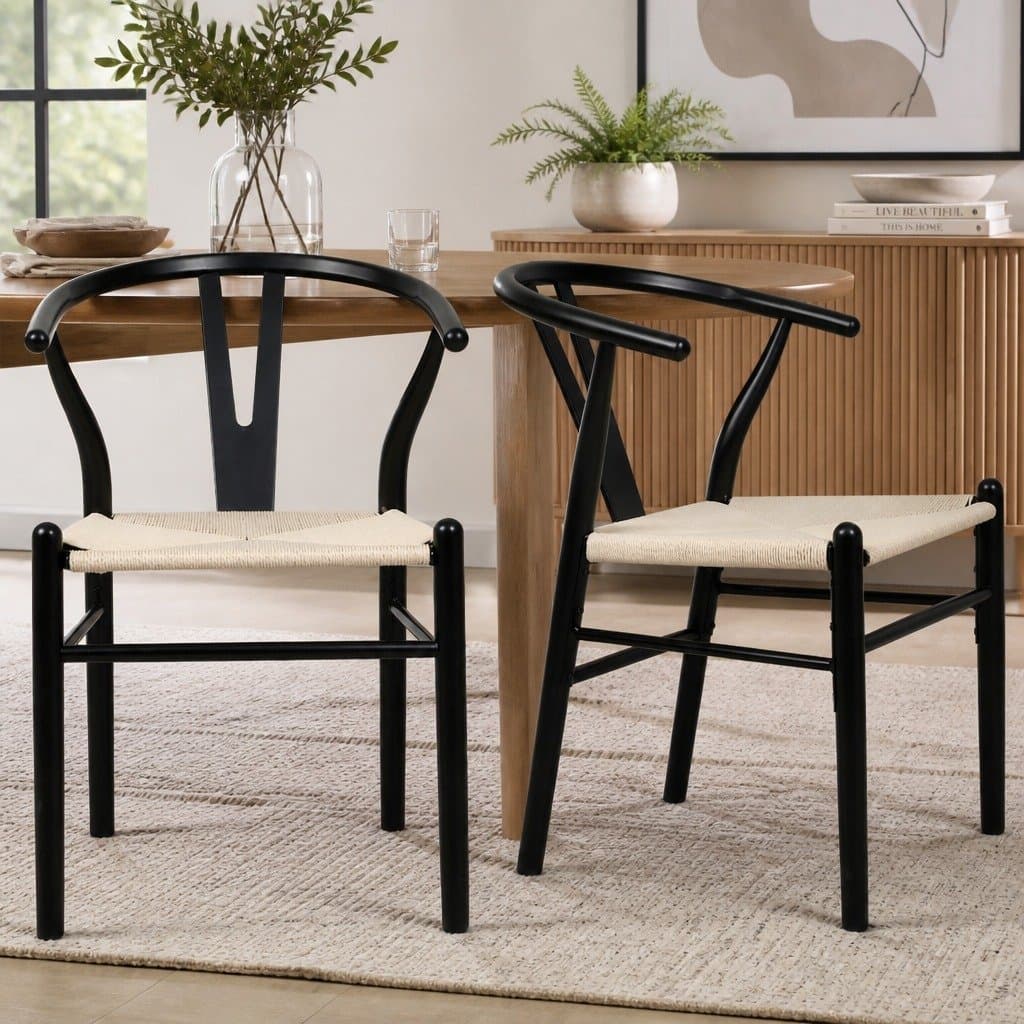 Set of 6 Black Dining Chairs with Wooden Frame and Rattan Seats