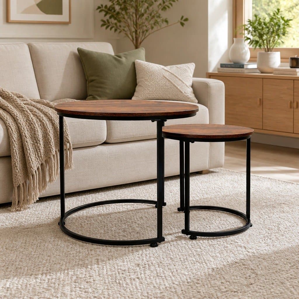 Round Nesting Coffee Table Set Wood Side Table Space Saving Modern Living Room