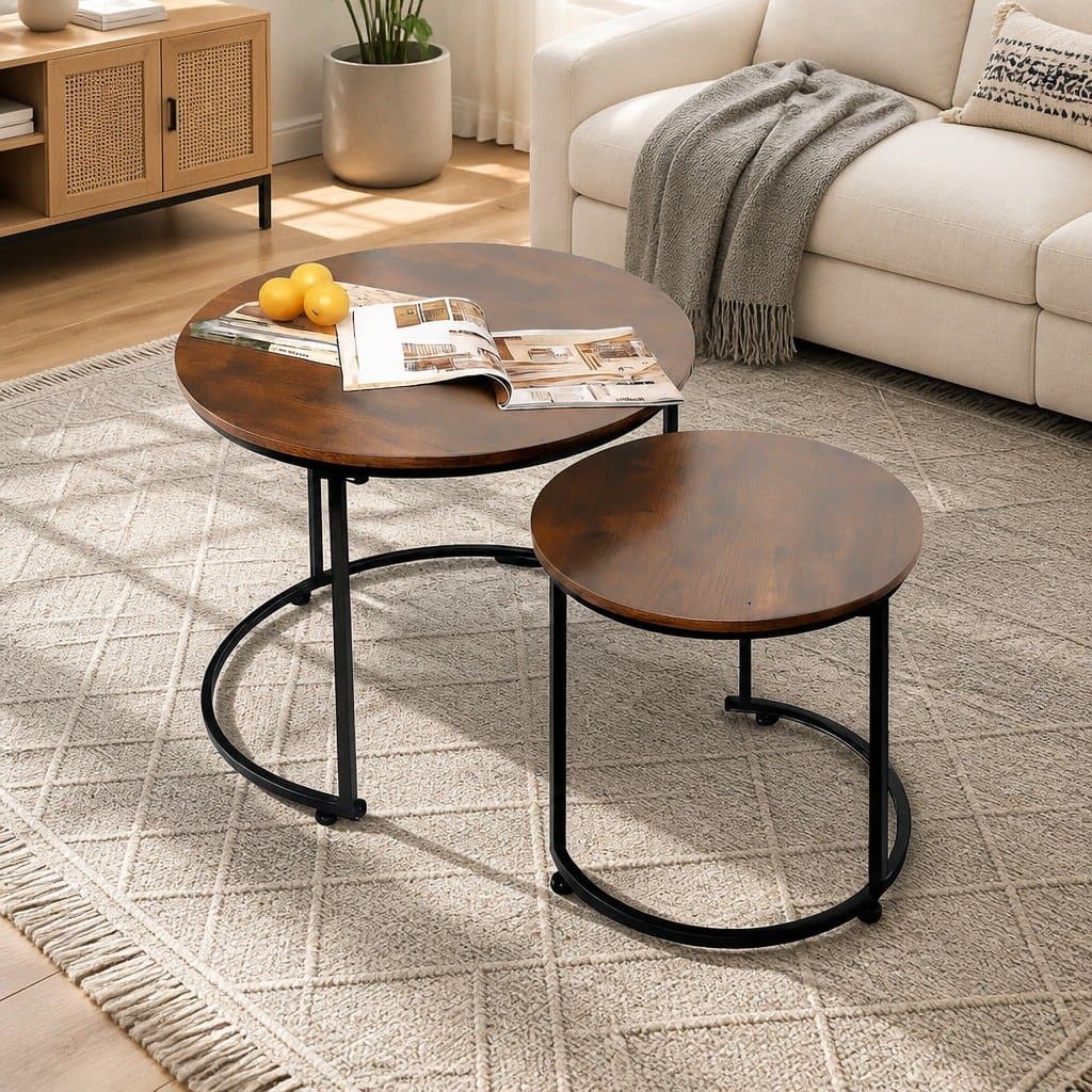 Round Nesting Coffee Table Set Wood Side Table Space Saving Modern Living Room