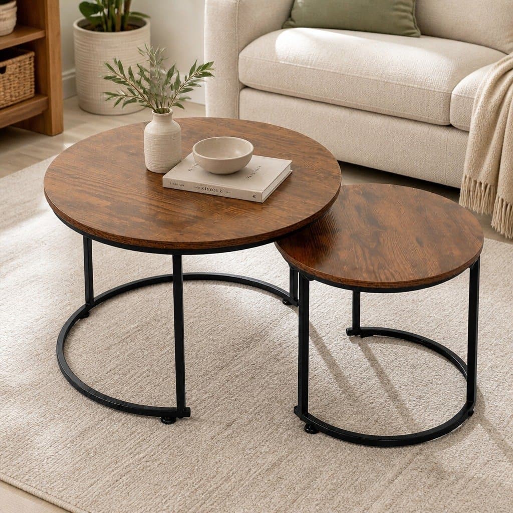Round Nesting Coffee Table Set Wood Side Table Space Saving Modern Living Room