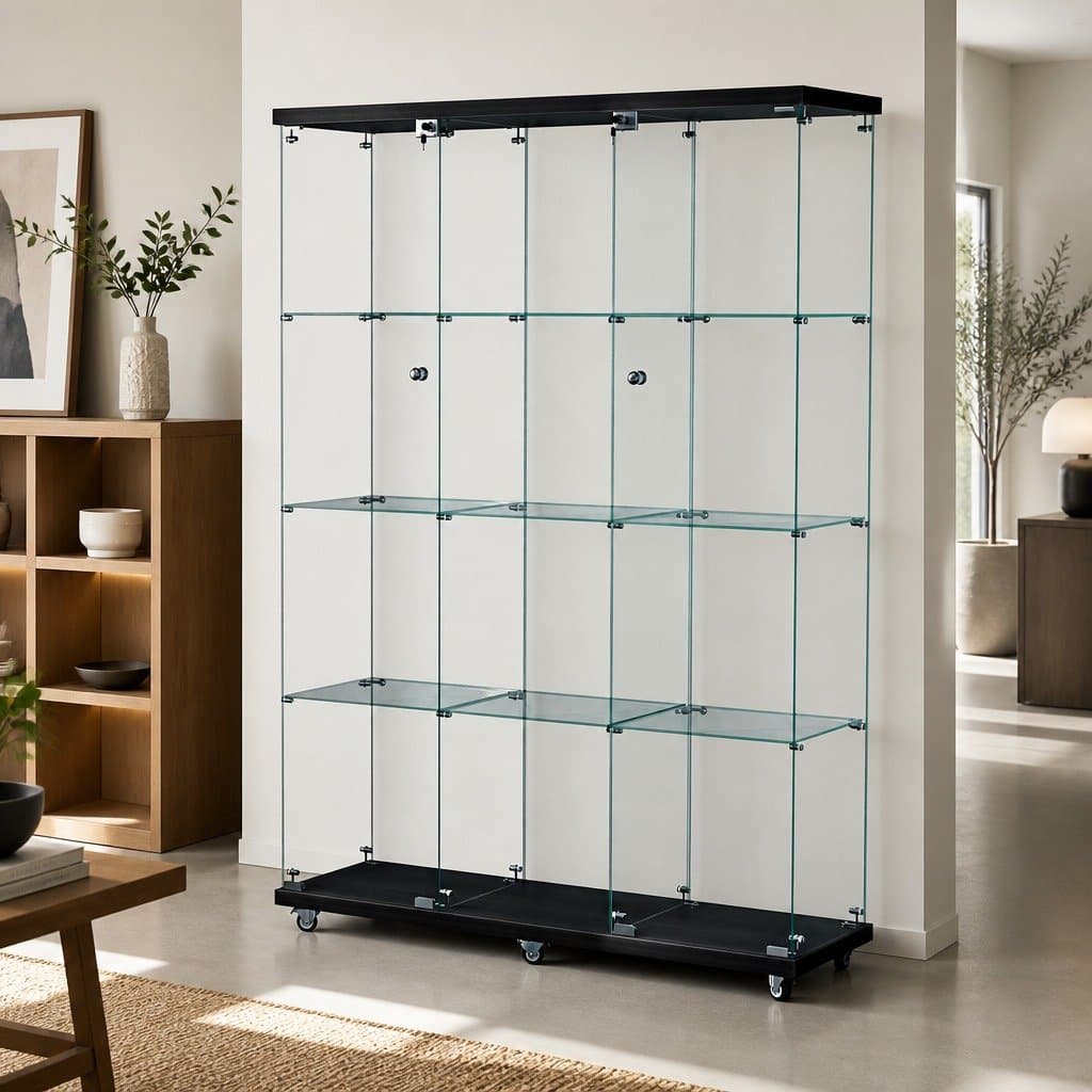 Glass Display Cabinet 169cm Tall 4 Tier Lockable Wheeled Storage Showcase
