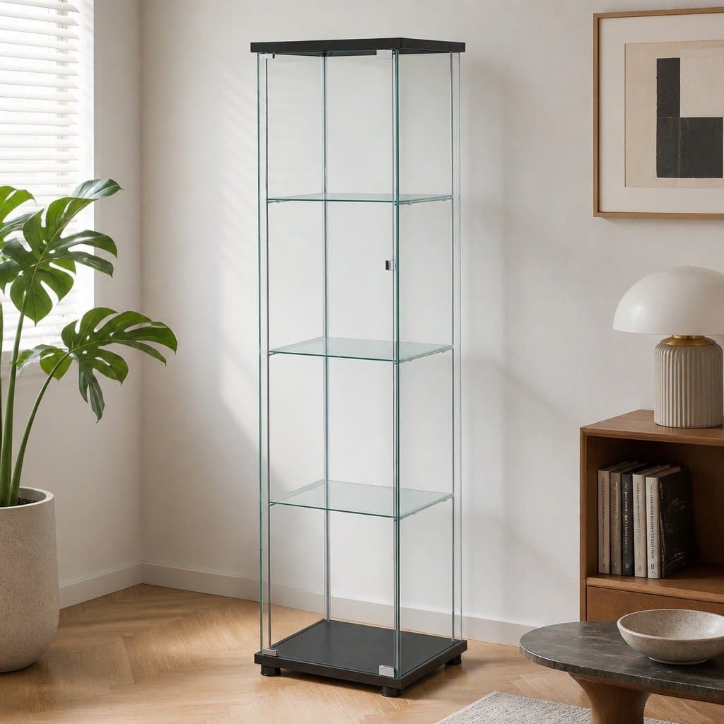 4-Tier Black Glass Display Cabinet with Lockable Wheels