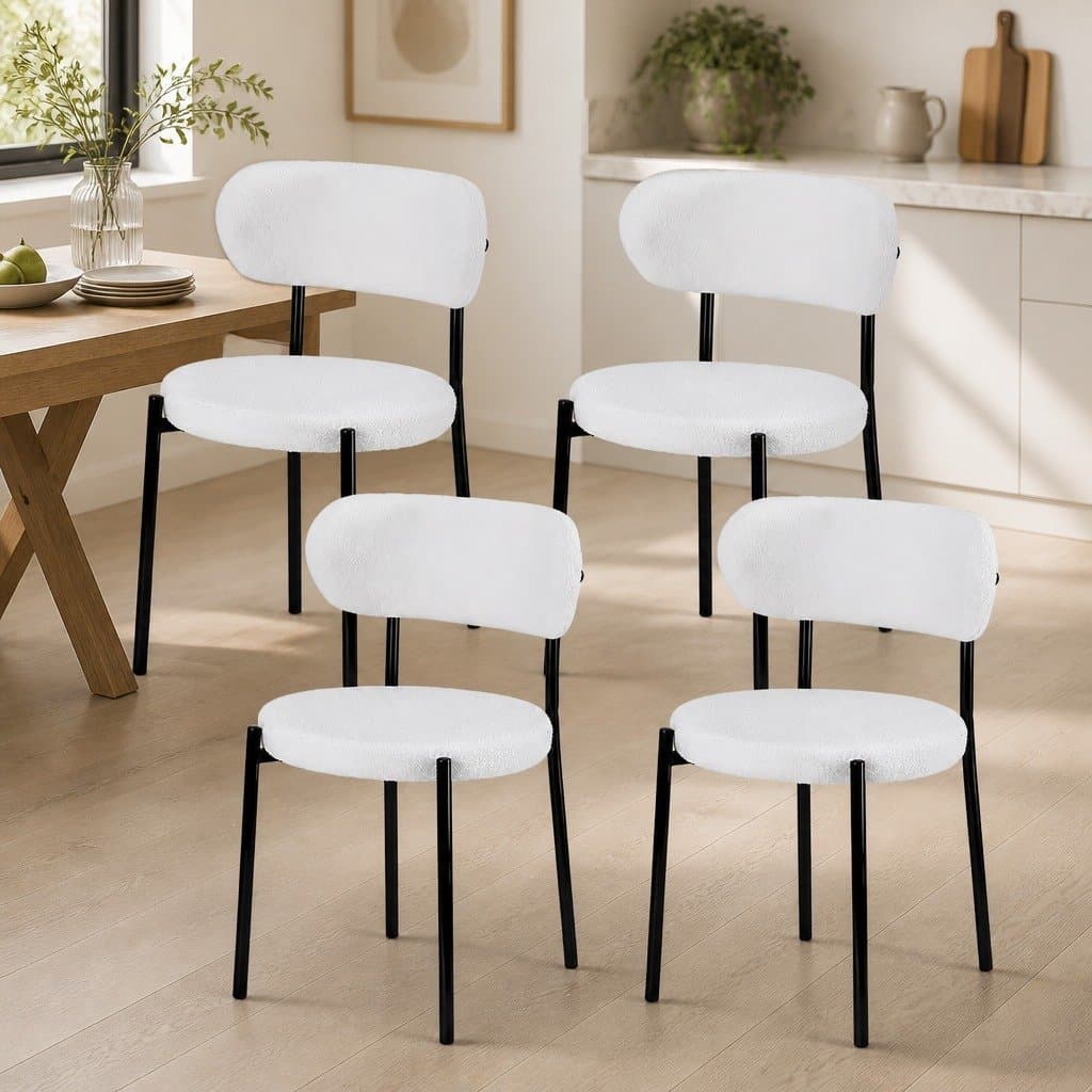 Dining Chairs Set of 4 White Sherpa Boucle Upholstered Kitchen Seat Furniture