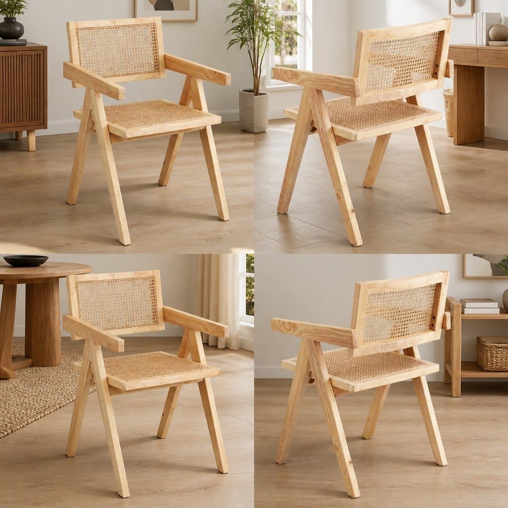Set of 4 Durable Wooden Dining Chairs with Rattan Seats
