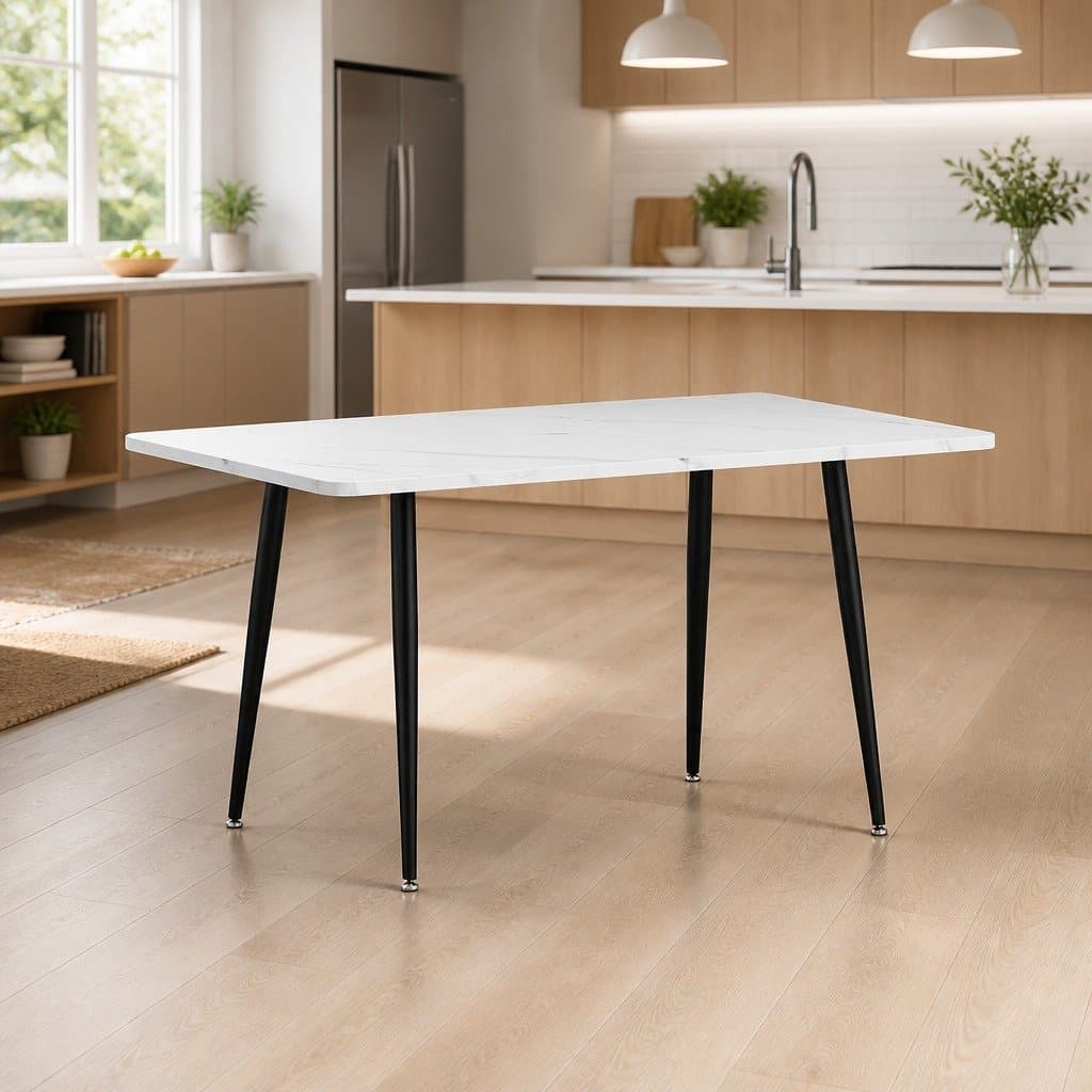 1.5M White Grey Dining Table with Marble Effect