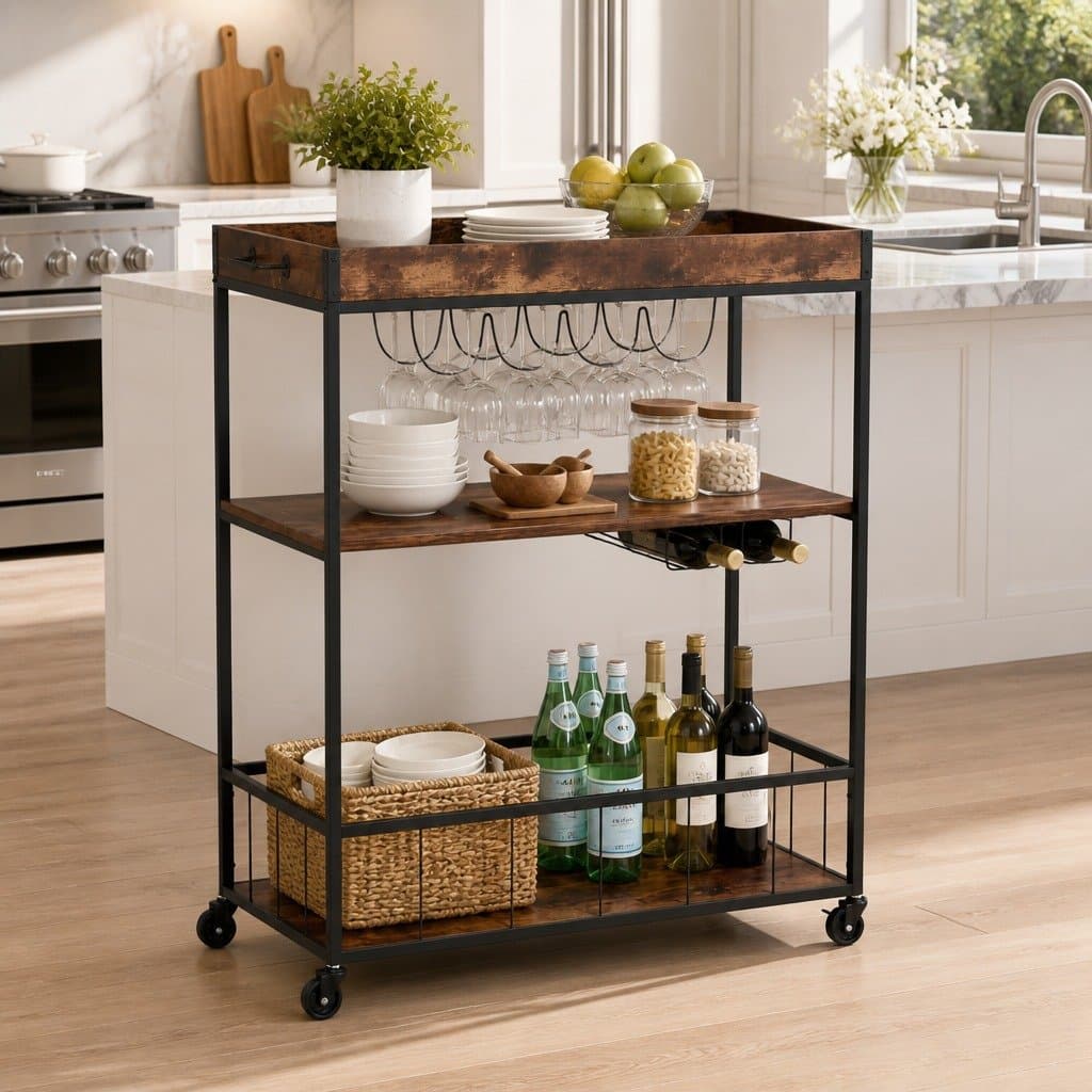 Walnut Mobile Kitchen Island with Three-Tier Shelves