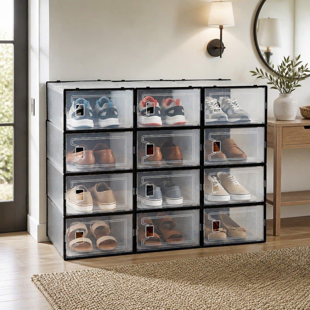 Stackable Shoe Storage Box Set of 12 with Transparent Doors