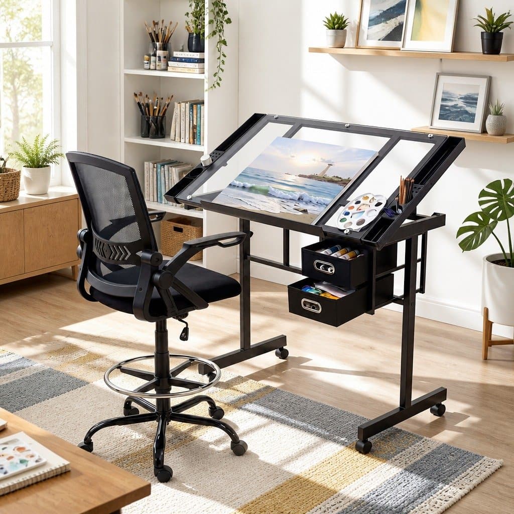 Drawing Table with Ergonomic Office Chair, Drafting Desk Tempered Glass Desktop