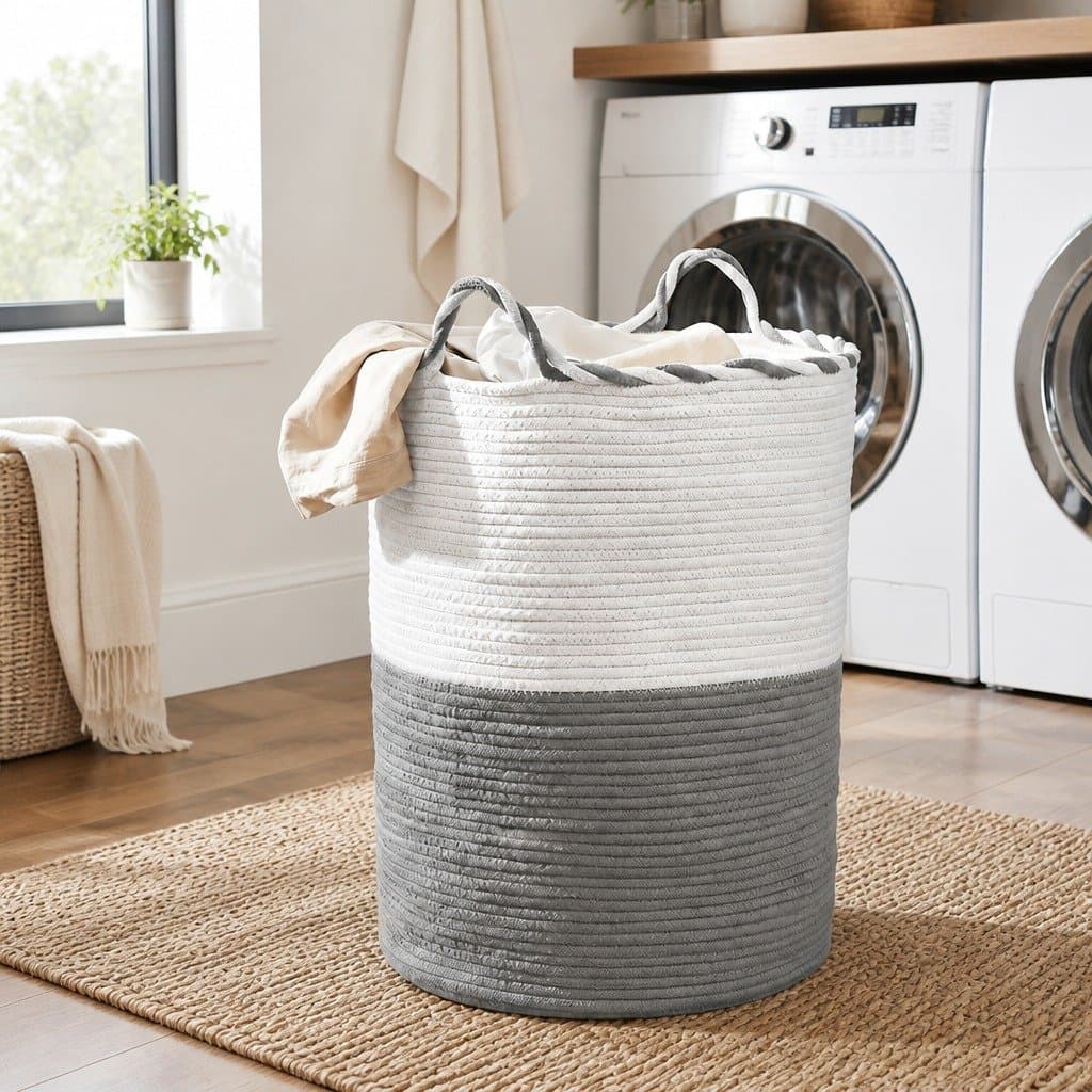 Woven Laundry Basket with Handles, Foldable 47L