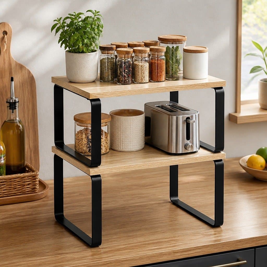 Set of 2 Pine Wood and Metal Kitchen Storage Shelves