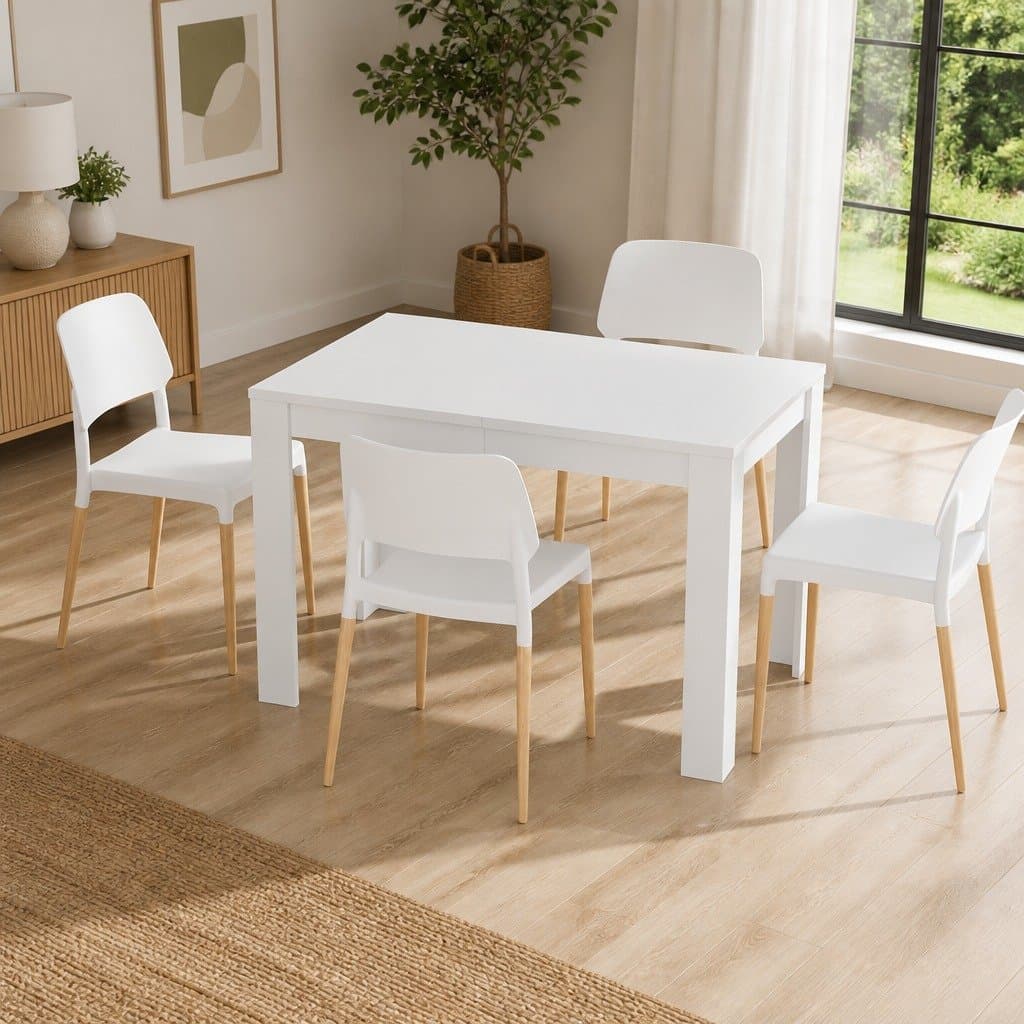 White Wood Dining Table with 4 Chairs Set