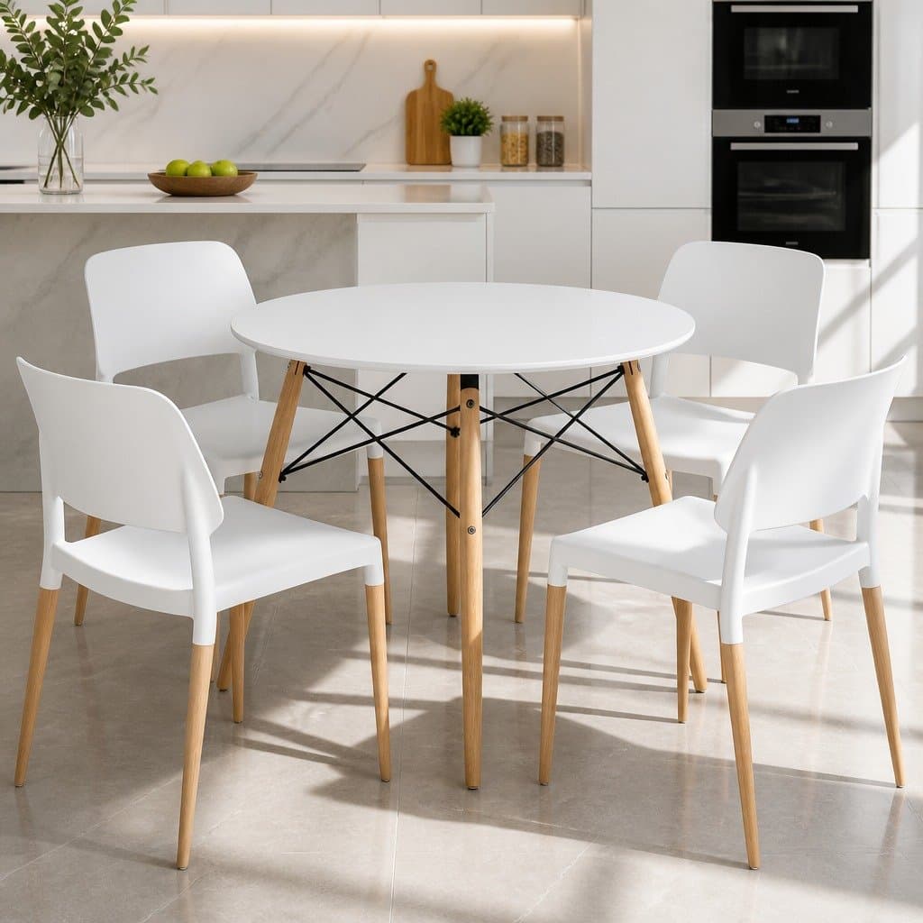 Round Dining Table and 4 Chairs Set in White