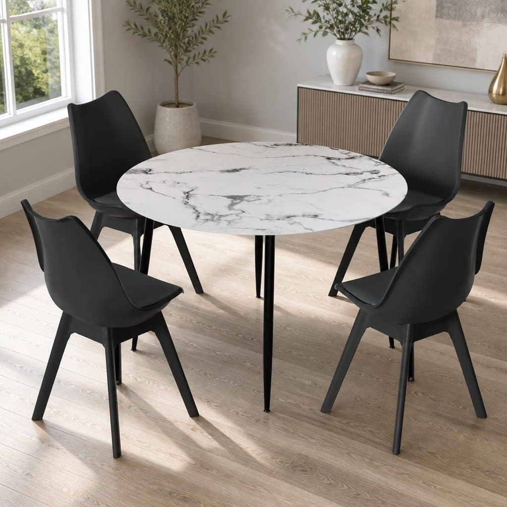 Round Marble Dining Table with 4 Industrial Chairs