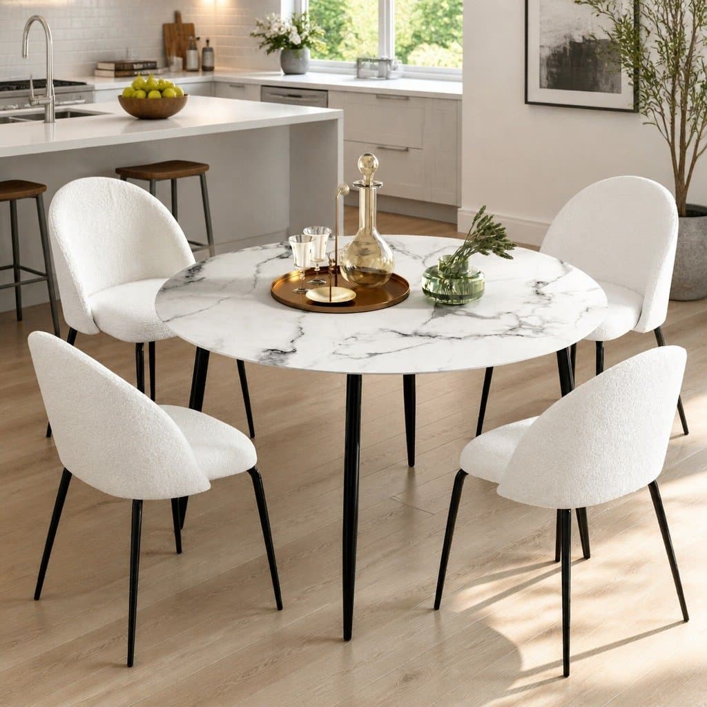 Round Marble Dining Table with 4 Chairs Set