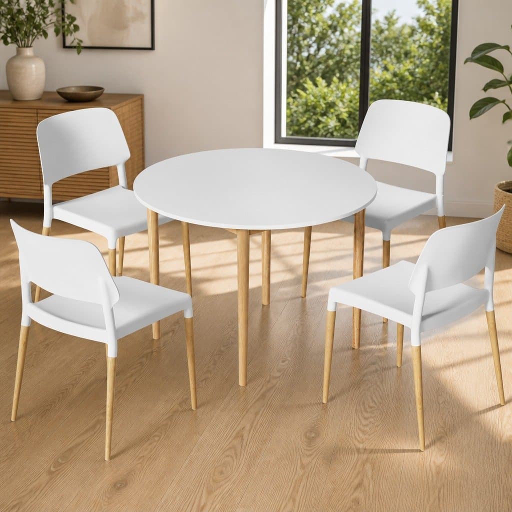 White Round Dining Table and 4 Chairs Set