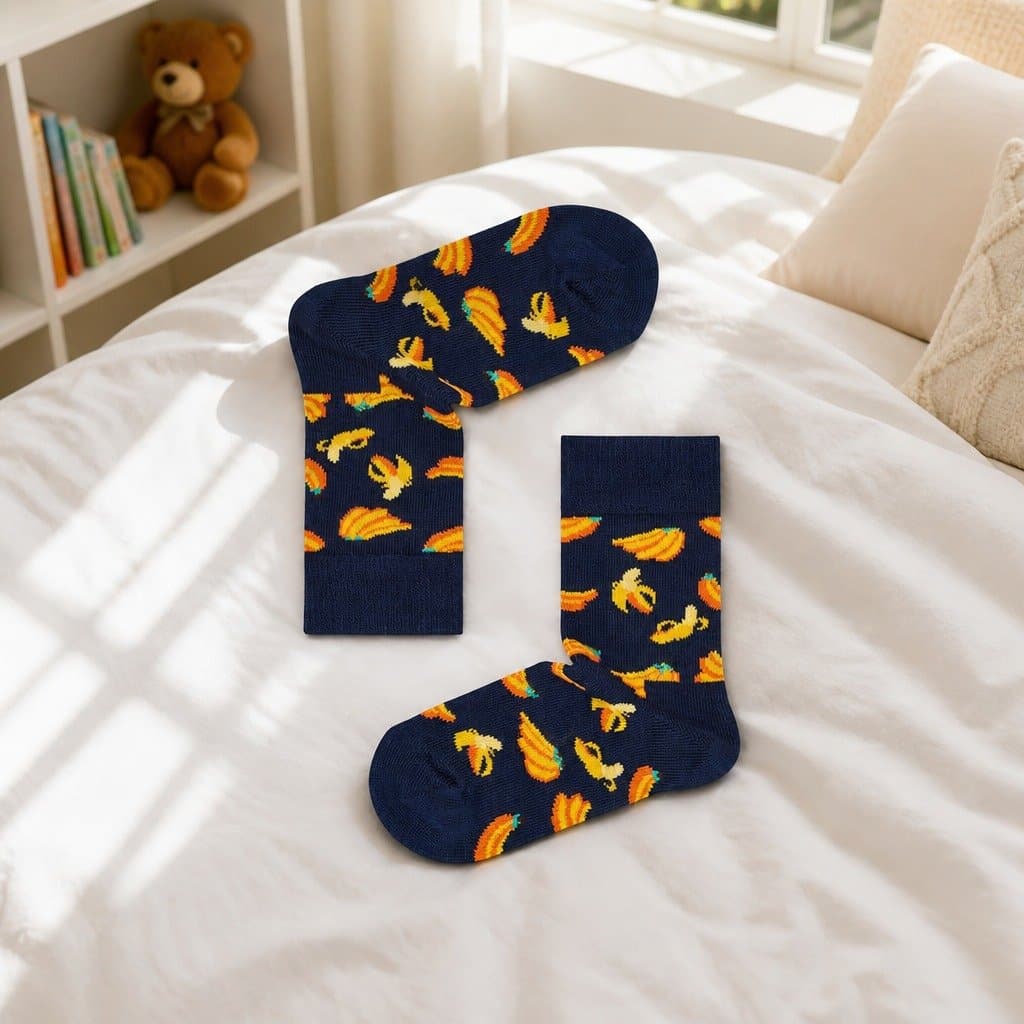 Kids Socks Dark Banana Pattern Toddler 2-3 Years Combed Cotton Reinforced