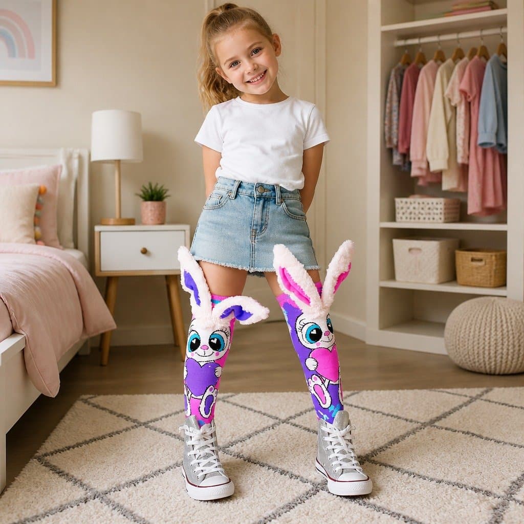 Knee-High Bunny Socks for Kids with 3D Ears and UV Glow