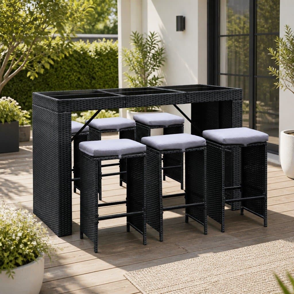 7-Piece Black Wicker Outdoor Bar Set with Glass Top